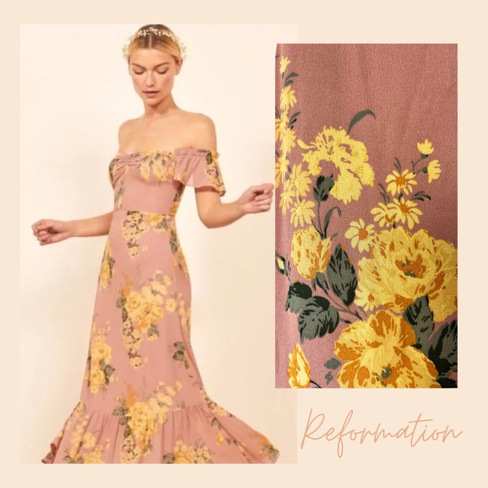 Reformation Mauve Pink Floral Off-Shoulder Midi Dress
